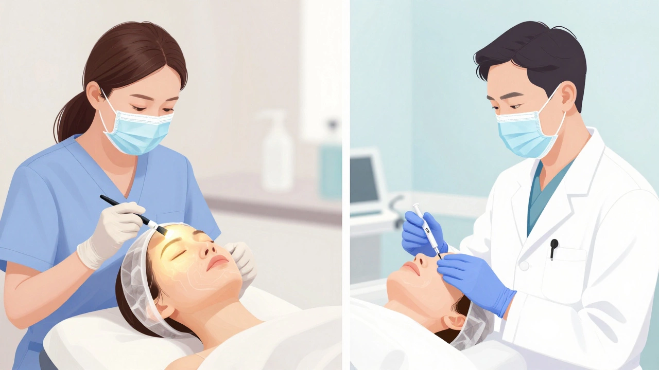 Эстетист делает химический пилинг, врач вводит ботокс