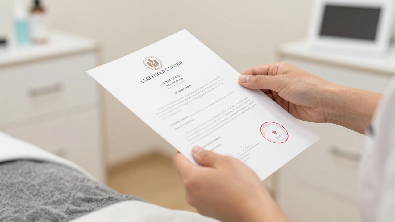 Эстетист показывает сертификат клиенту в салоне