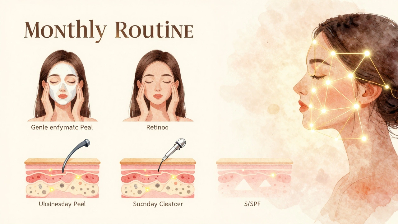 Ежемесячный график ухода за кожей: пилинг, ретинол, ультразвук и SPF, изображённые как золотые нити.