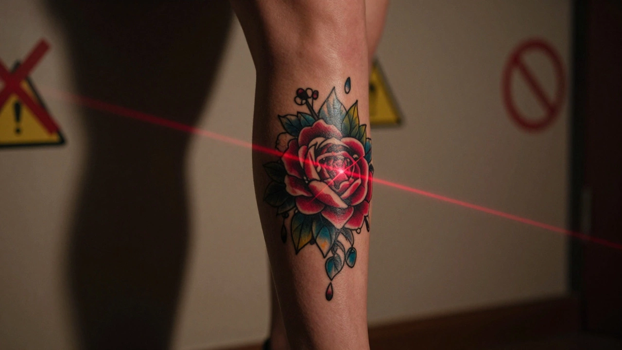 Лазерный луч над татуированной кожей с красным запрещающим символом, высокая детализация