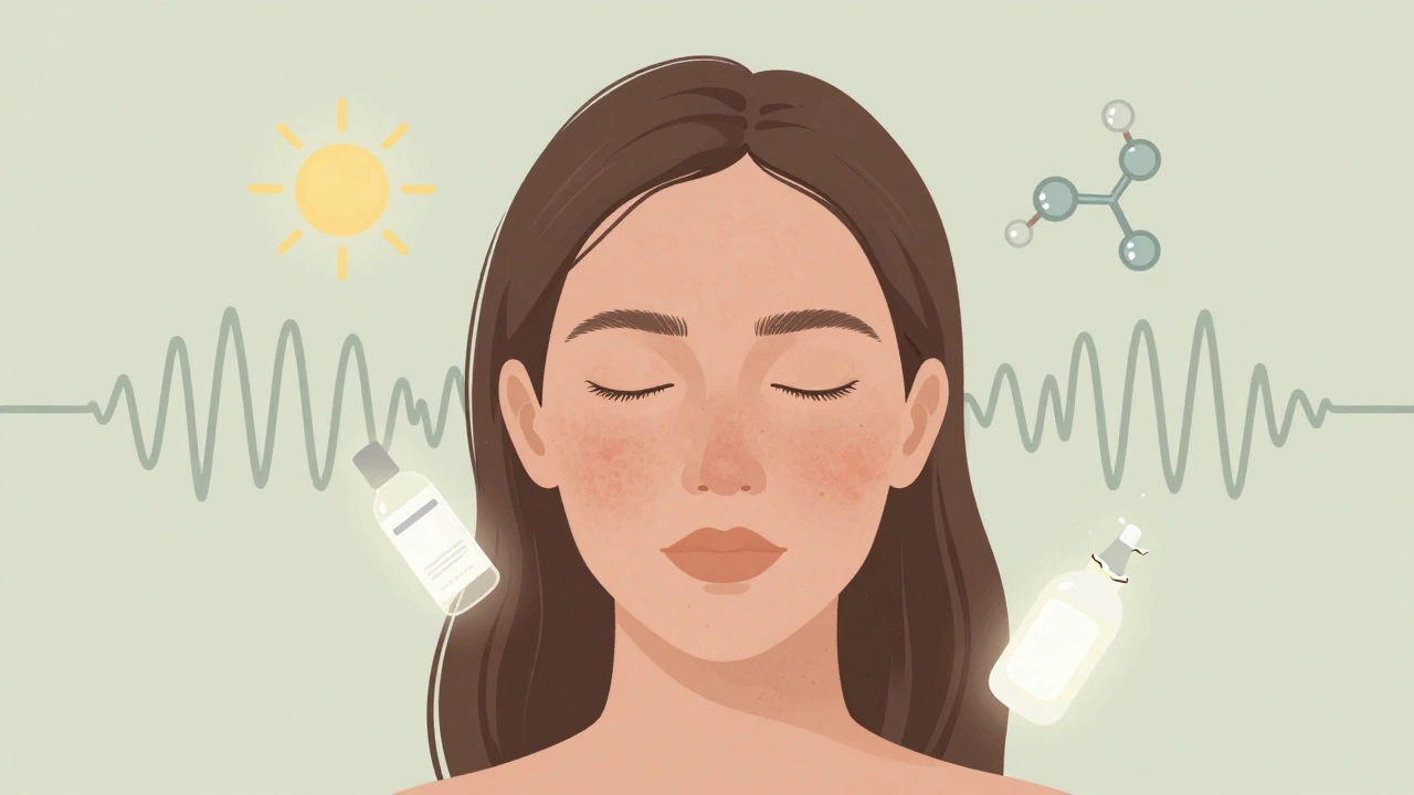 Лицо с пигментными пятнами, окруженное символами солнца, гормонов и стресса.