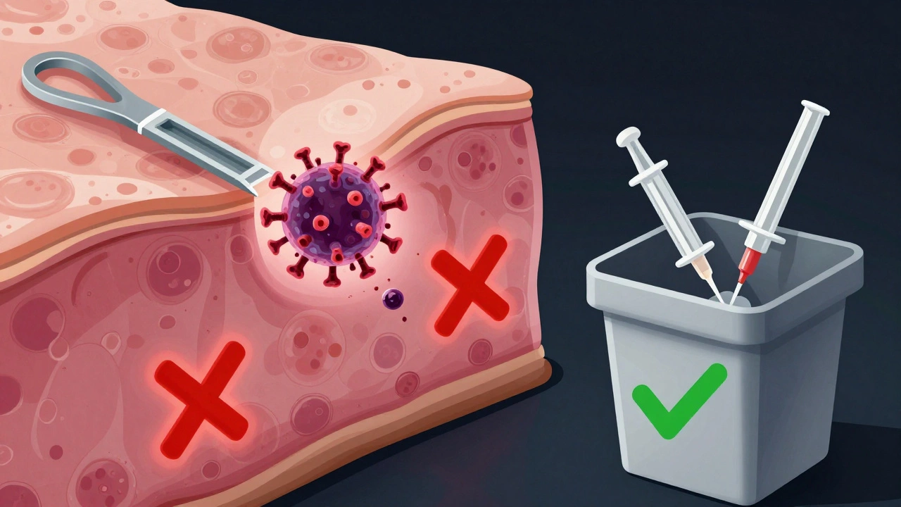 Микроскопический вид вируса ВИЧ, погибающего на инструменте на воздухе.