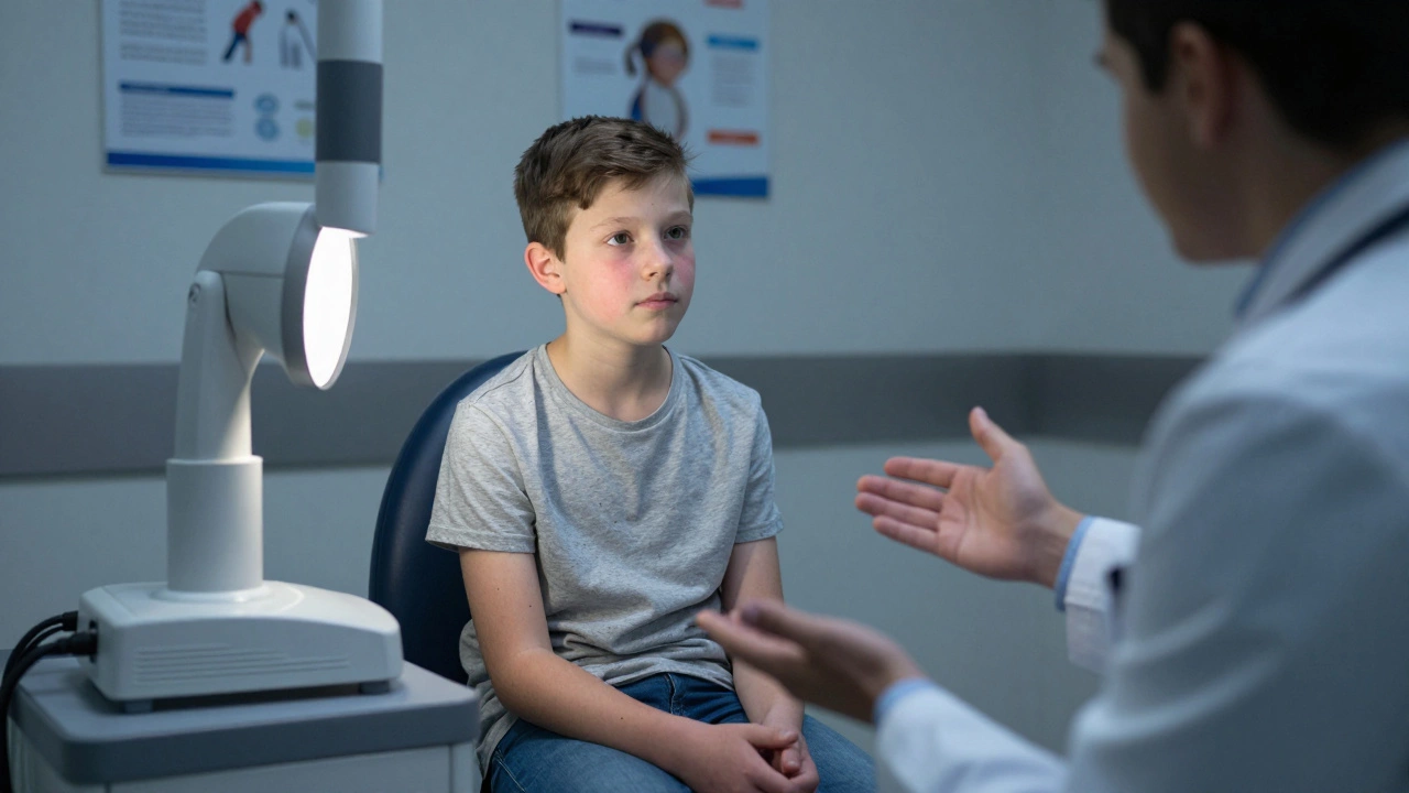 Подросток в клинике смотрит в сторону от лазерного аппарата, врач объясняет, атмосфера тревоги