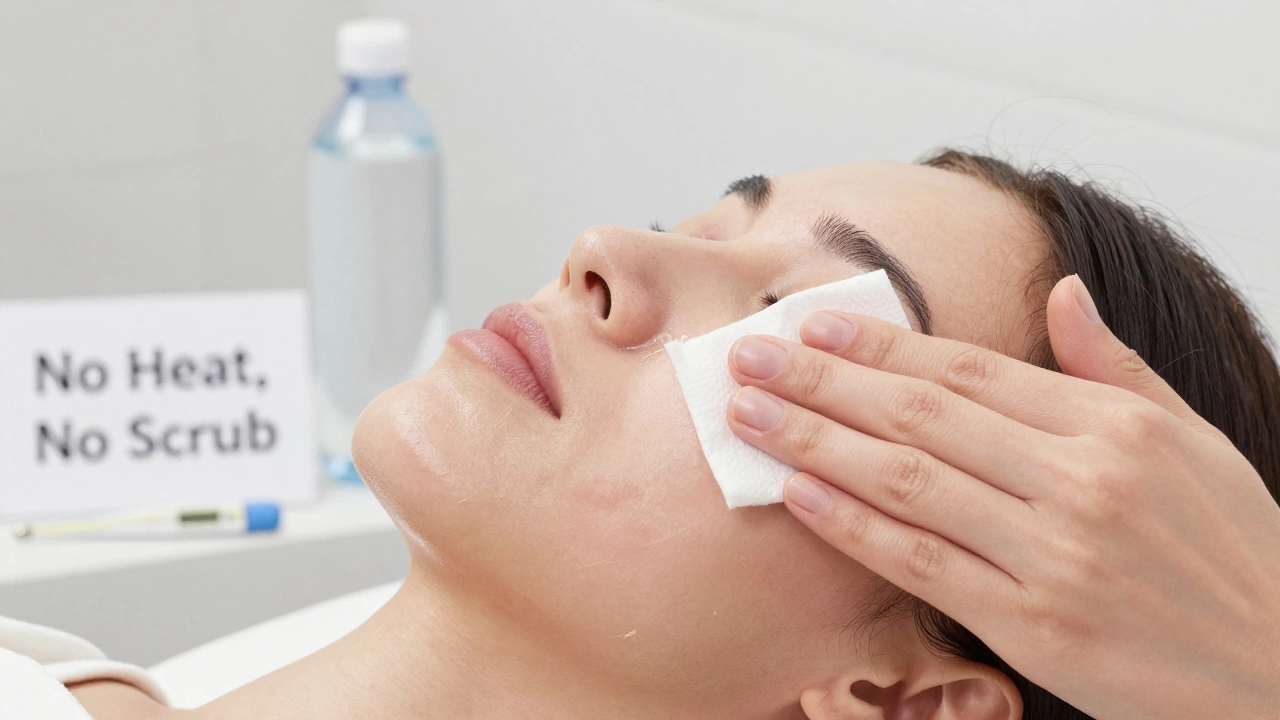 Рука аккуратно промакивает лицо ватным диском, кожа в процессе заживления.