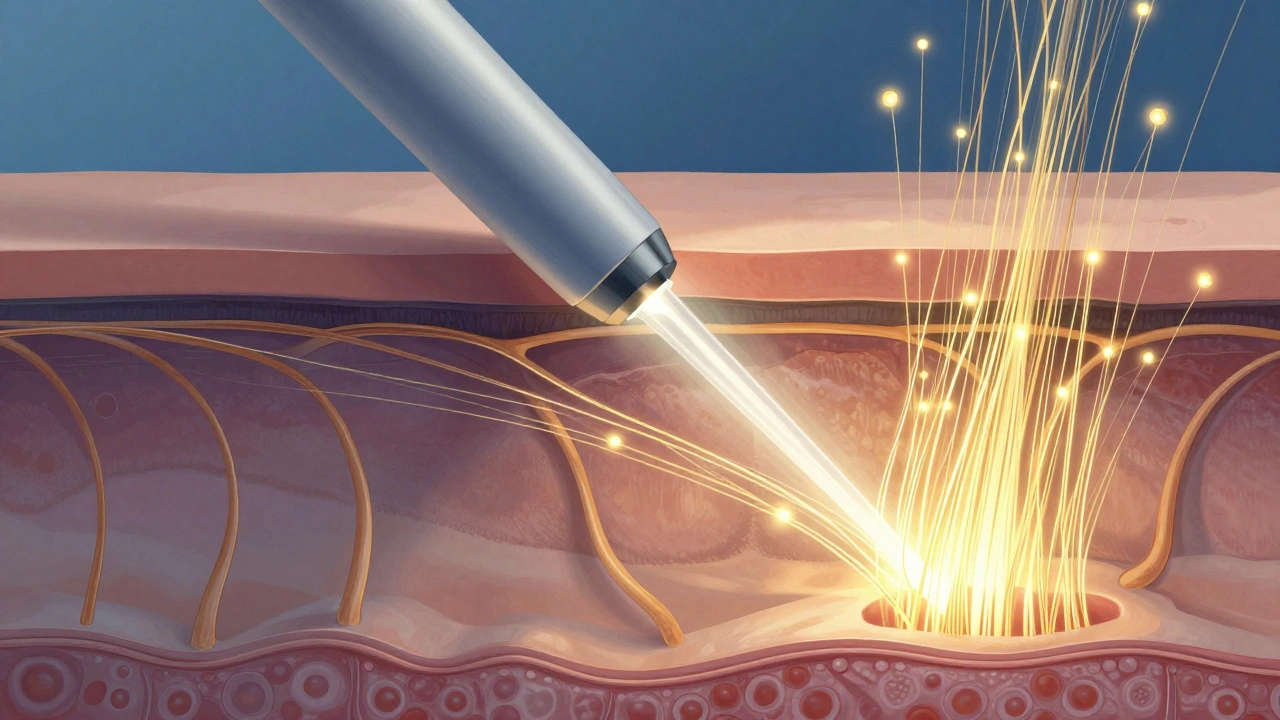 Схема кожи с лазерным воздействием и стимуляцией коллагена золотыми волокнами.