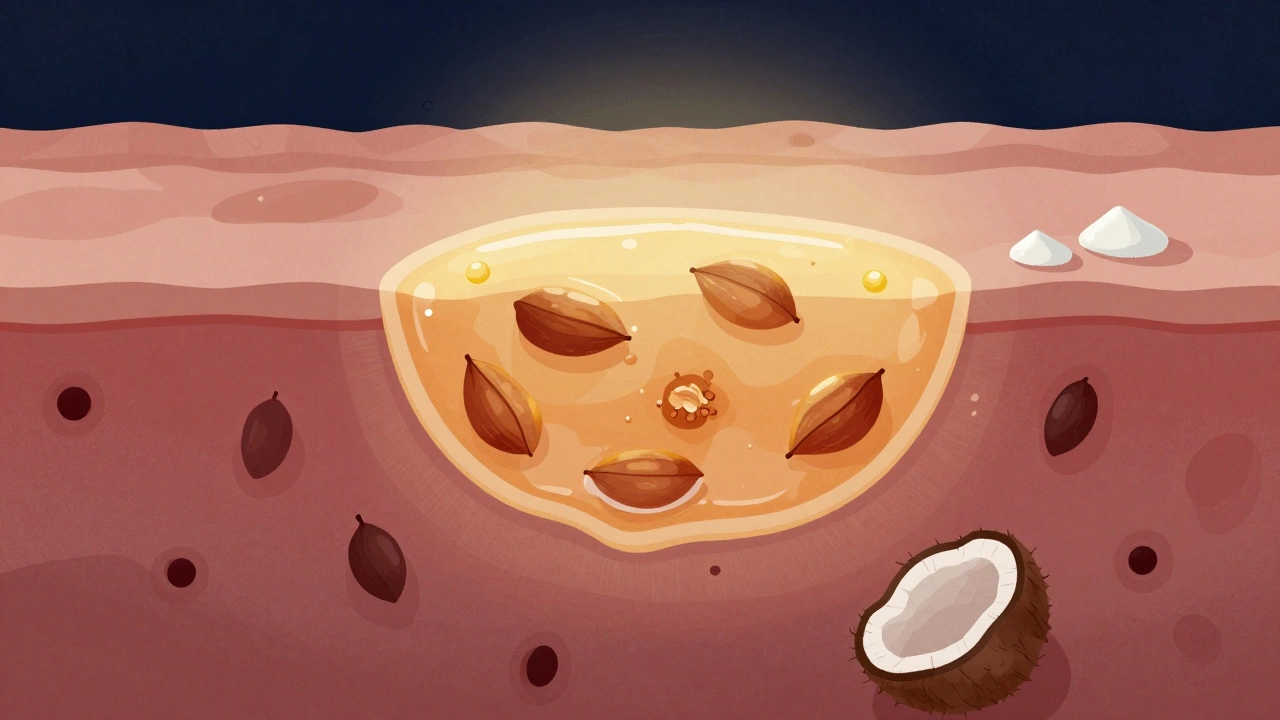 Схематичное изображение кожи: масло запечатывает влагу, в то время как кокосовое масло забивает поры.