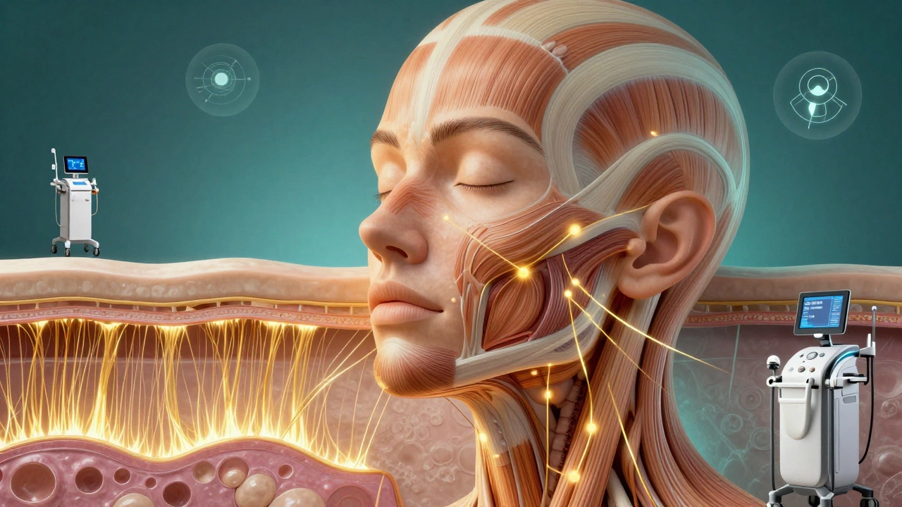 Схематичное изображение лица в разрезе: коллаген, нити и микротоки восстанавливают кожу на трёх уровнях.