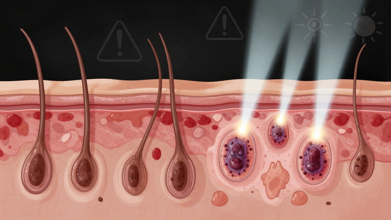 Схематичное изображение повреждённых клеток кожи и бактерий после неправильной лазерной эпиляции