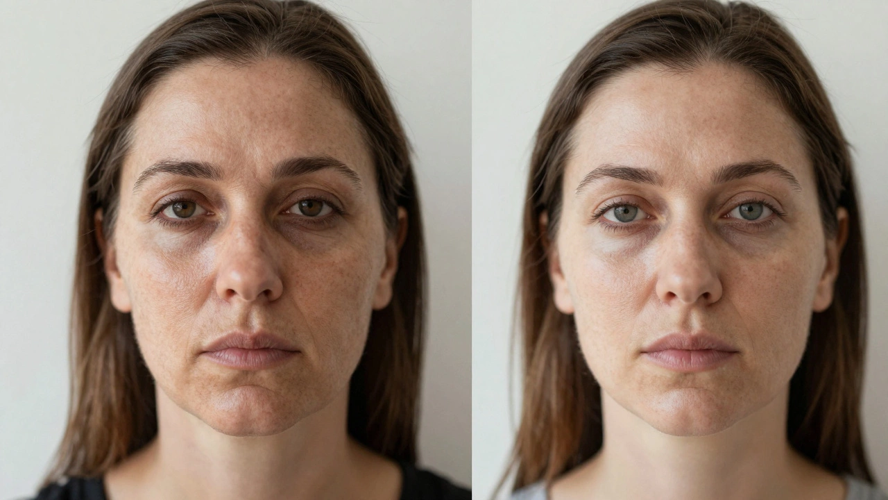 Сравнение до и после: одна и та же женщина с признаками усталости и без них — естественное улучшение без хирургии.