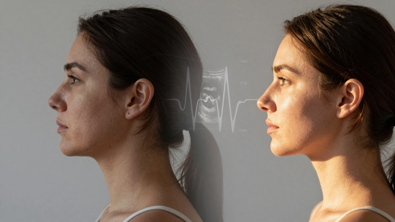 Сравнение до и после подтяжки лица: с одной стороны — провисшая кожа, с другой — подтянутый контур под естественным светом.