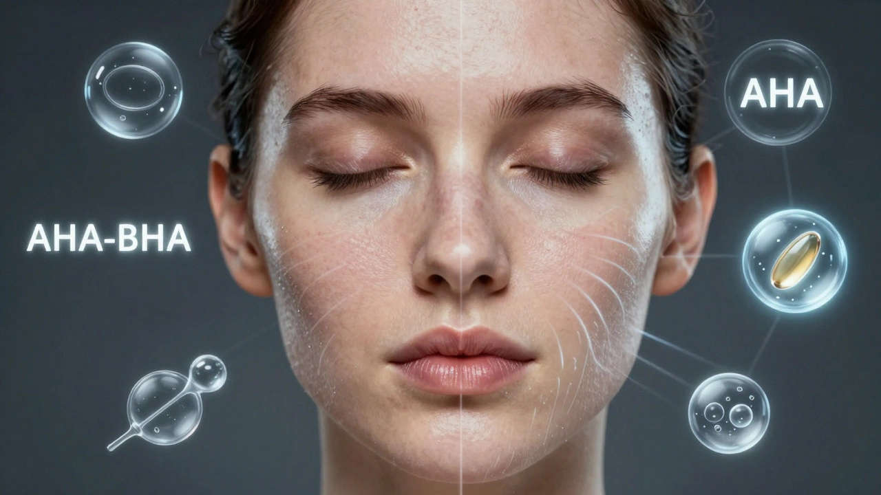 Сравнение тусклой и сияющей кожи с элементами ухода: кислоты, молекулы гиалуроновой кислоты и микротоки.