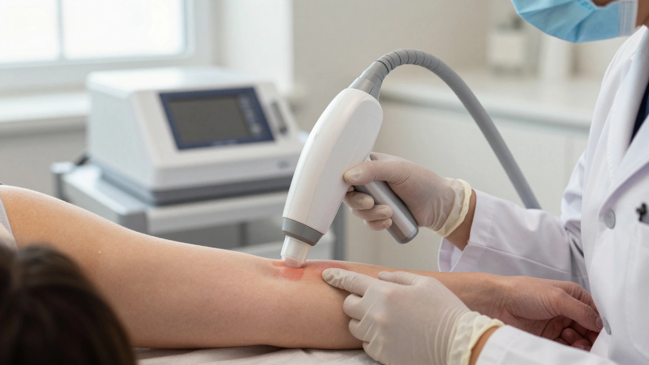 Врач проводит тестовый импульс лазера на руке пациента с использованием фильтра для тёмной кожи