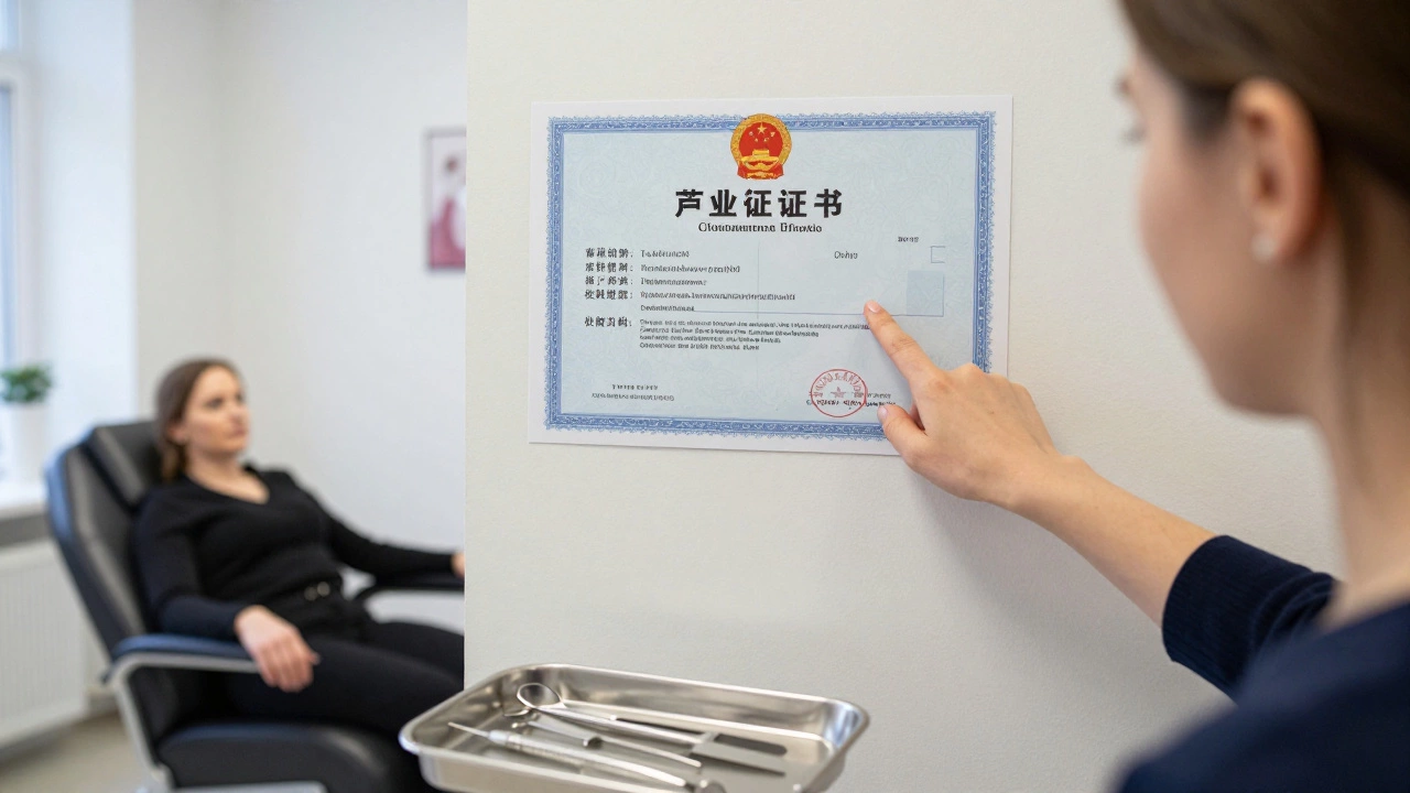 Женщина показывает на лицензию салона эстетической косметологии.