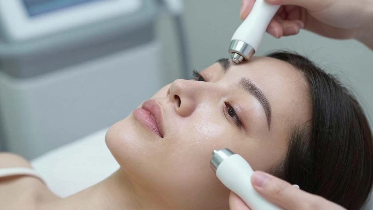 Женщина проходит неинвазивную процедуру RF-омоложения, кожа слегка светится от лазера, выражение спокойное.