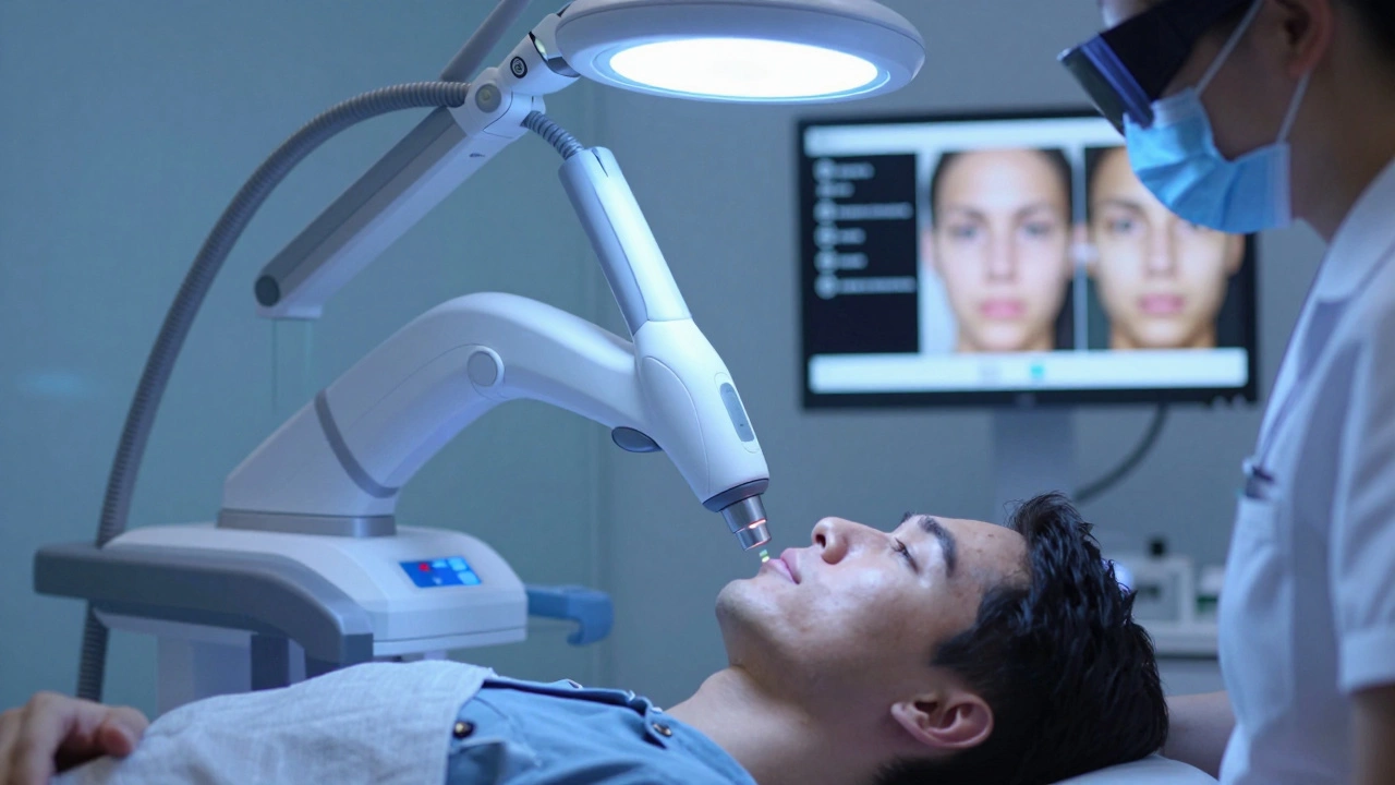 Дерматолог проводит пикосекундную лазерную процедуру для осветления пигментации в современной клинике.