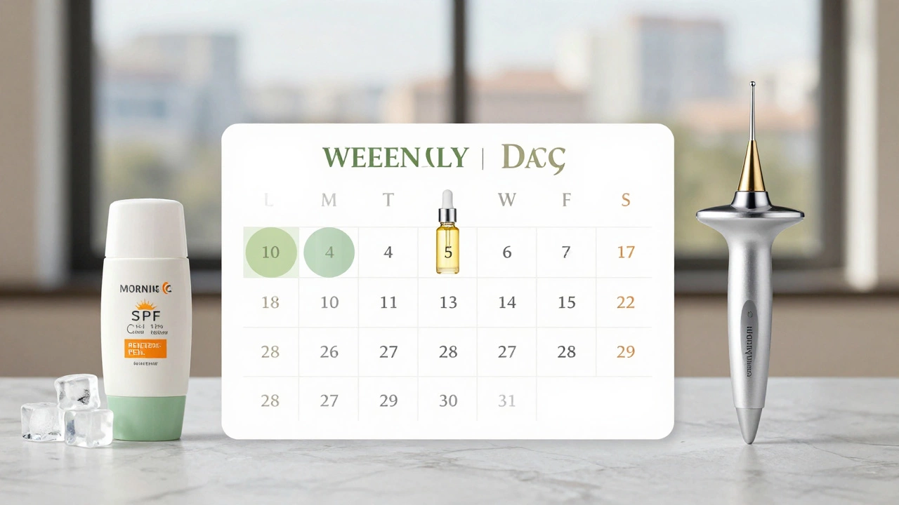 Еженедельный уход за кожей: средства, приборы и холодный компресс на поверхности.