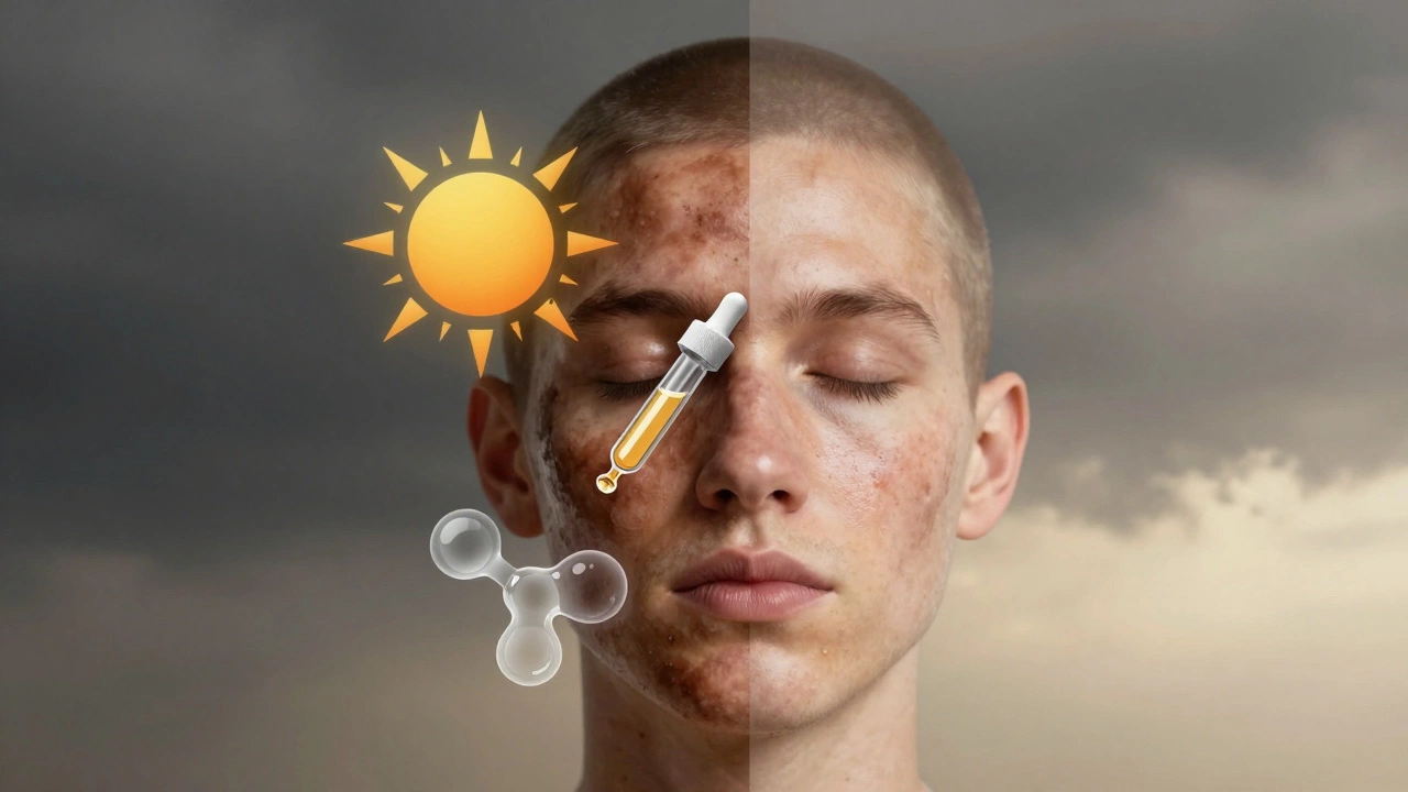 Лицо, разделённое на две части: одна — с тёмными пигментными пятнами, другая — с постепенным осветлением под воздействием защитных компонентов.