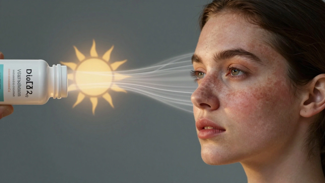 Лицо женщины, где одна половина покрыта пигментацией, а другая — светлая и равномерная, с символом витамина D между ними.