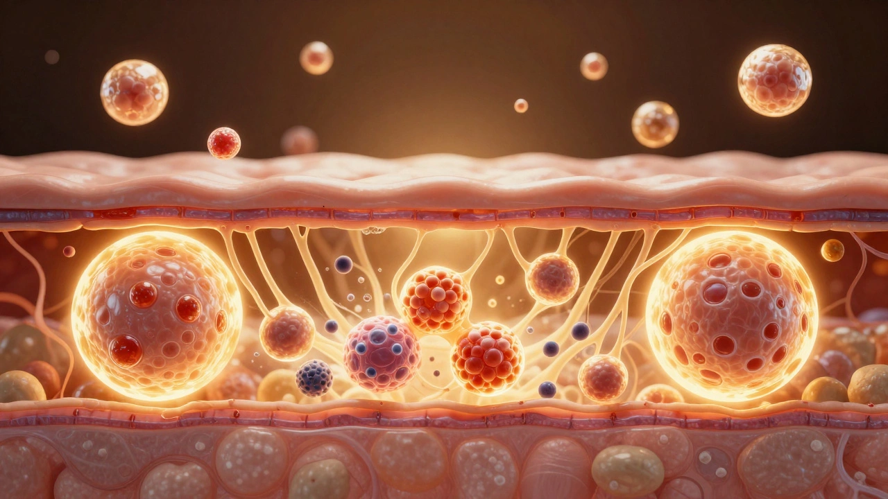 Микроскопическое изображение восстановления коллагена в коже с помощью пептидных комплексов и факторов роста.