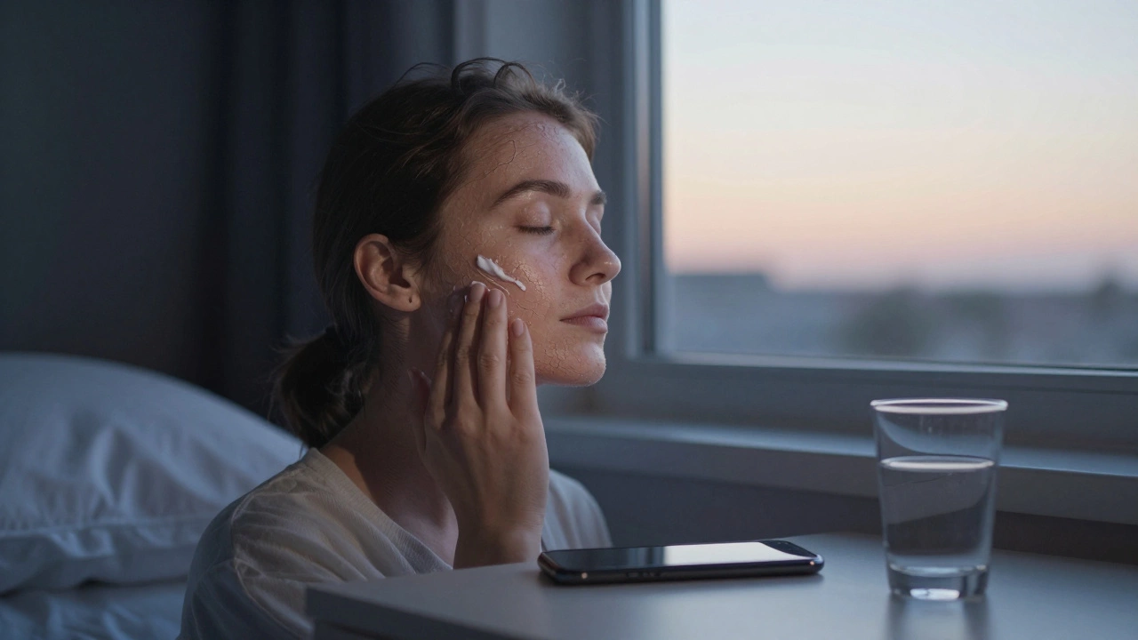Ночной уход за кожей: лёгкая сыворотка и крем, тёмный телефон и хлопковая наволочка — всё для естественного восстановления до рассвета.