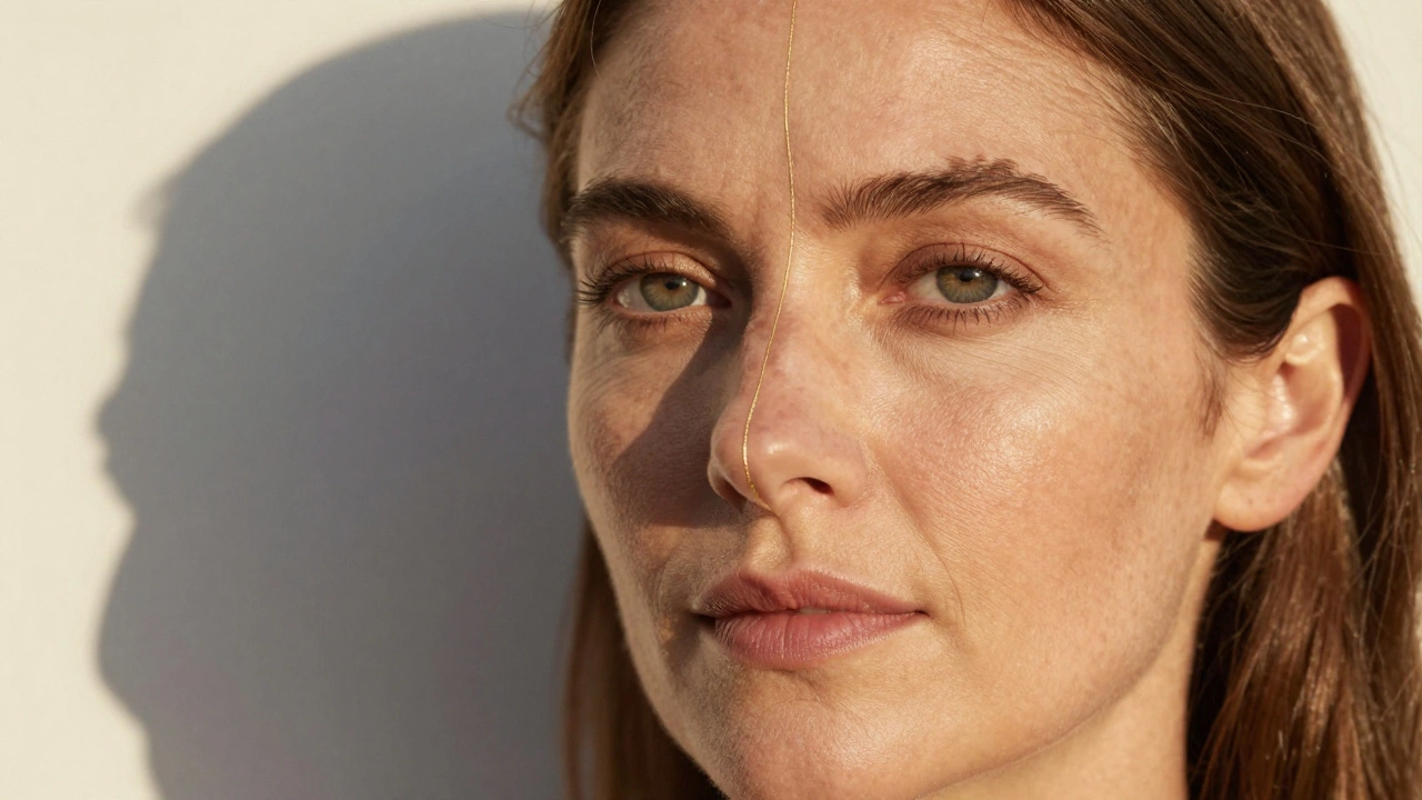 Половина лица с признаками старения, другая половина — с естественной молодостью, соединённые золотой нитью, символизирующей преображение.