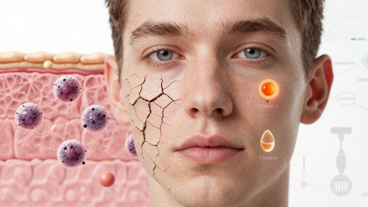 Разделенное лицо: одна сторона — бесполезные косметические продукты, другая — доказанные ингредиенты.