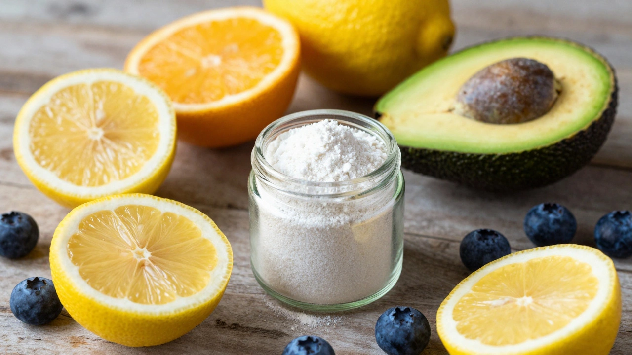 Свежие ягоды и фрукты рядом с баночкой биологической добавки на столе.