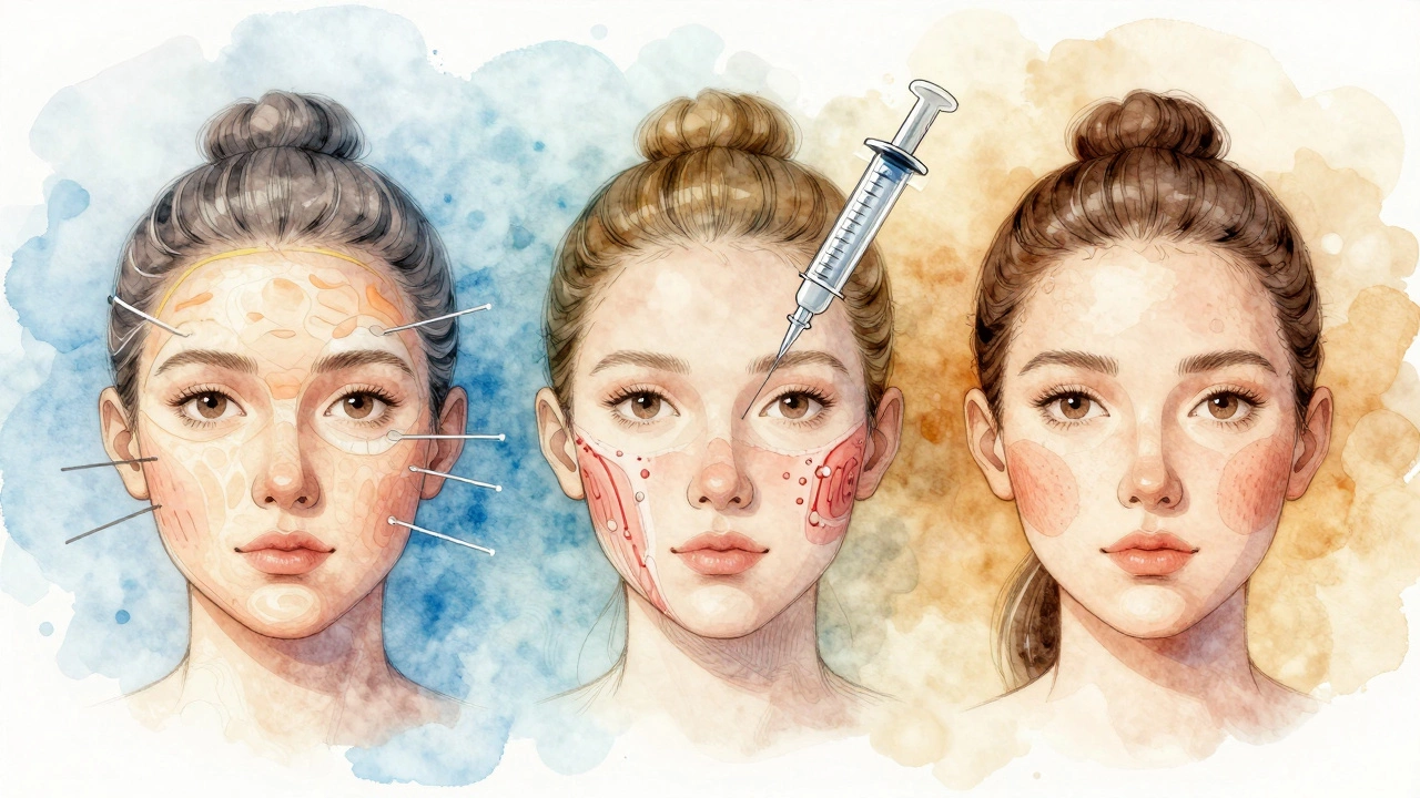 Три визуальных представления омолаживающих процедур: радиочастота, фракционный лазер и гиалуроновая кислота, изображённые как символы регенерации кожи.