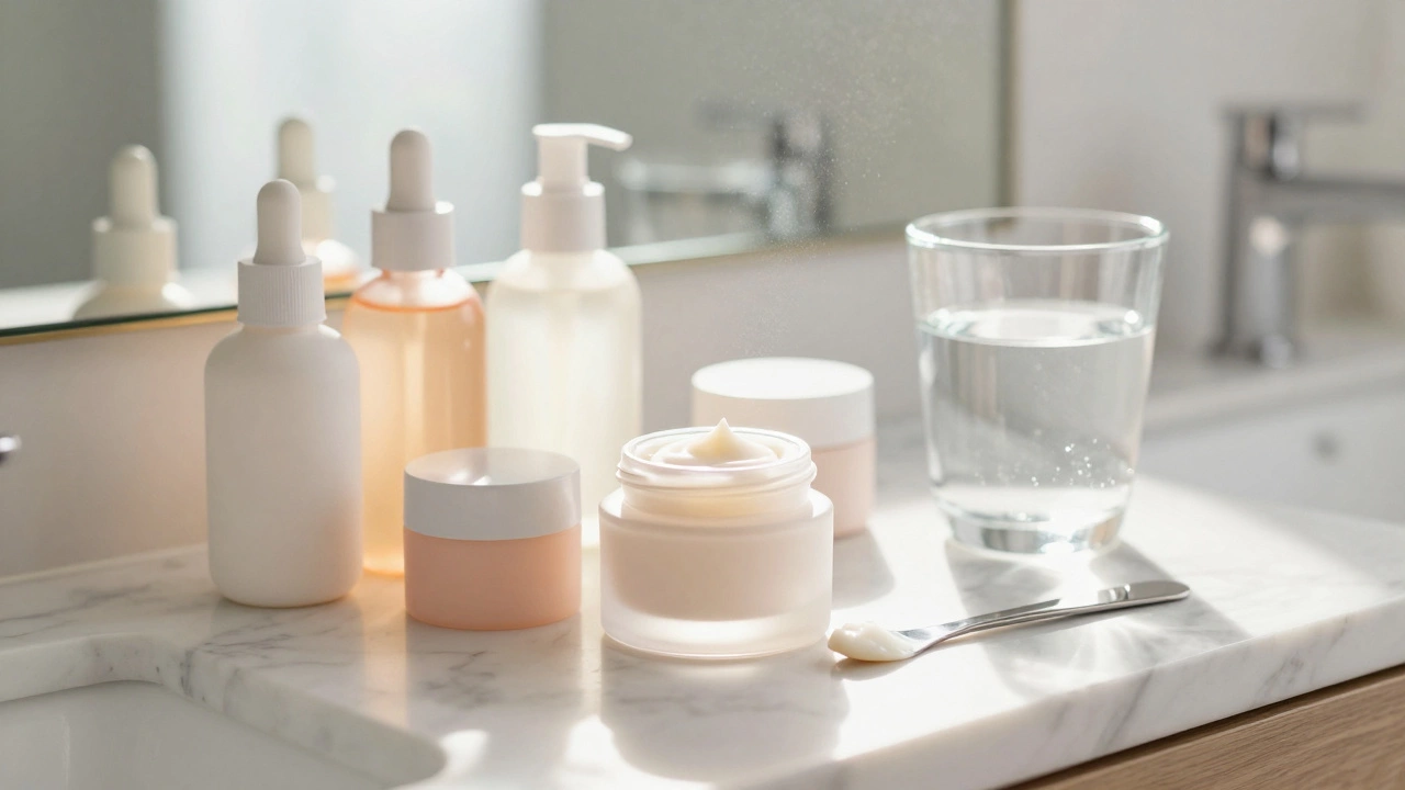 Уходовая косметика с ретинолом и пептидами на туалетном столике при утреннем свете.