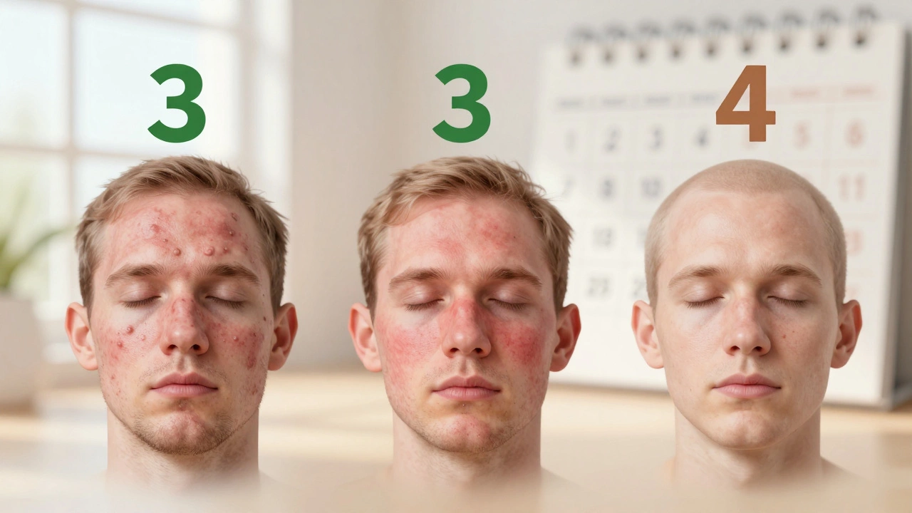 Визуальное сравнение стадий лечения акне: от воспалений к гладкой коже через 3-4 месяца.