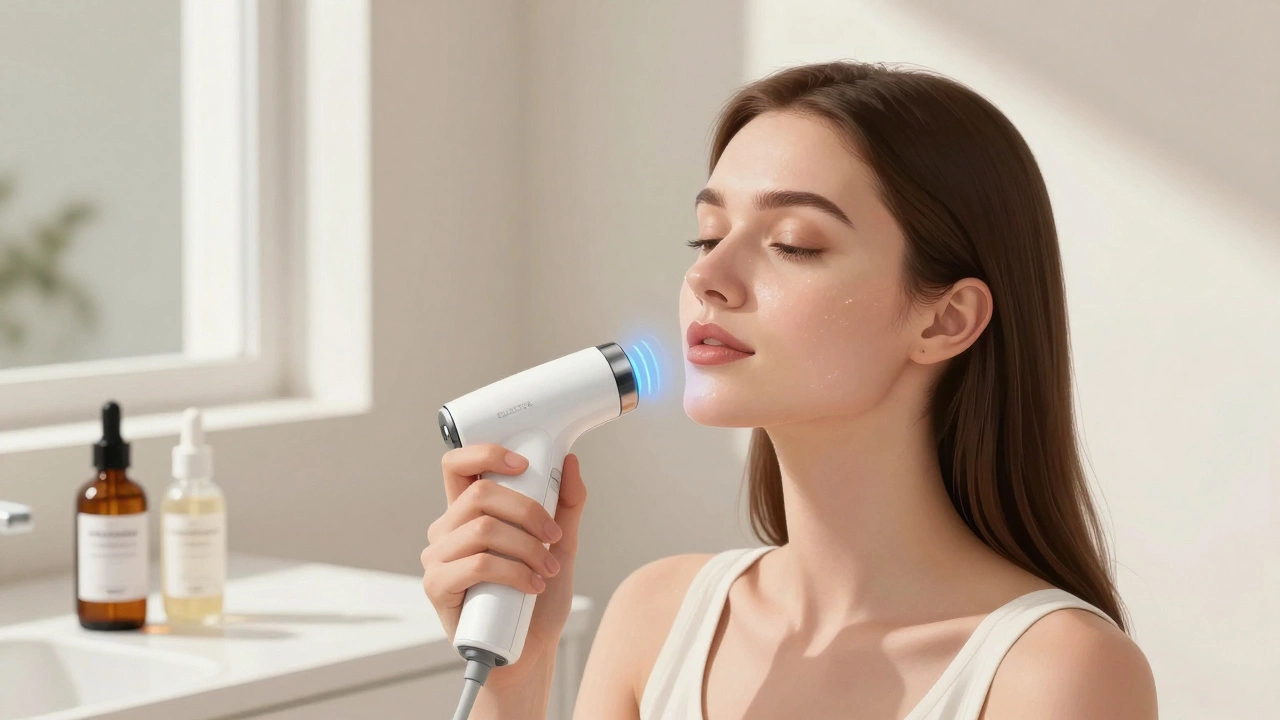 Женщина использует домашнее устройство для микротоковой терапии с сыворотками ретинола и ниацинамида.