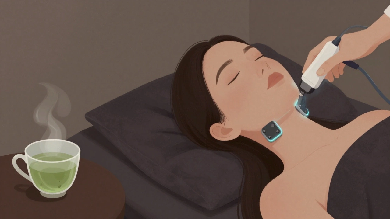 Женщина принимает микротоковую процедуру в спокойной обстановке вечером.