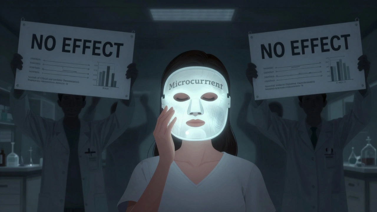 Женщина с электрической маской, позади — научные опровержения её эффективности.