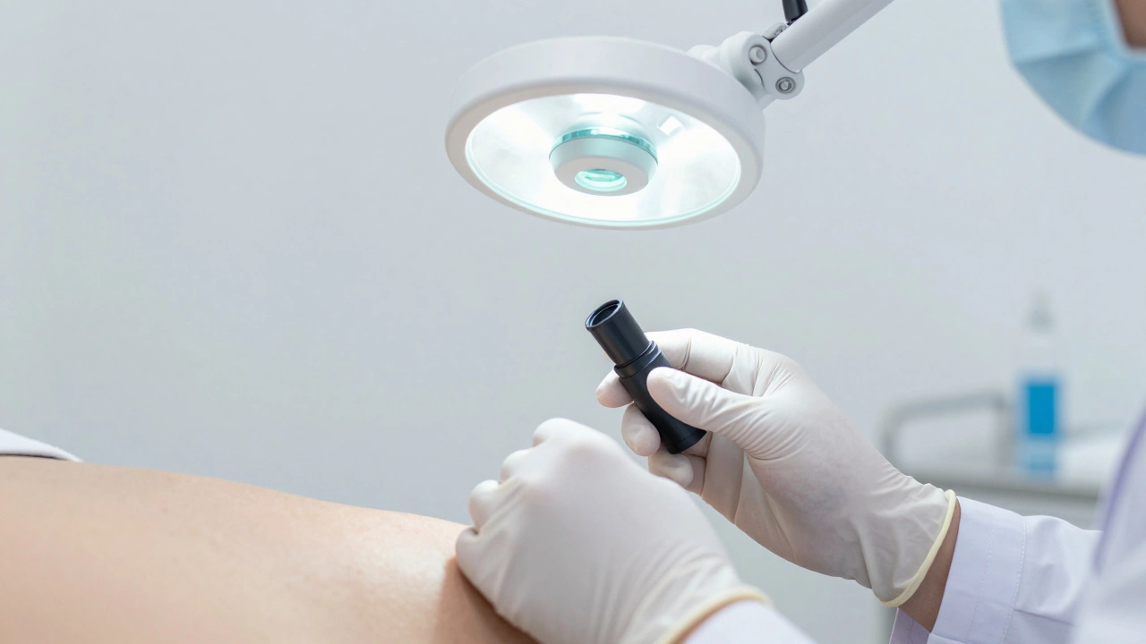 Дерматолог осматривает кожу пациента с помощью профессиональной лампы
