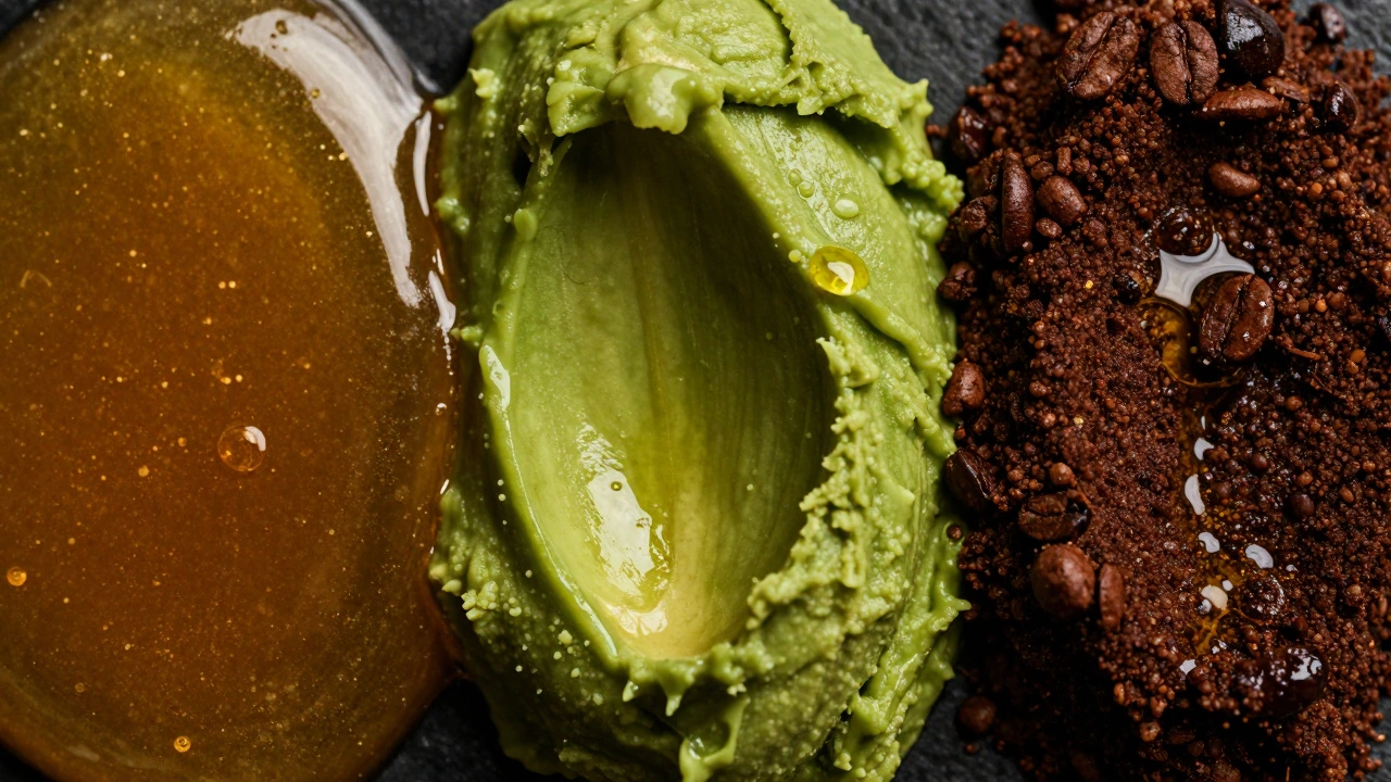 Макроснимок текстур меда, пюре из авокадо и кофейного скраба с маслом