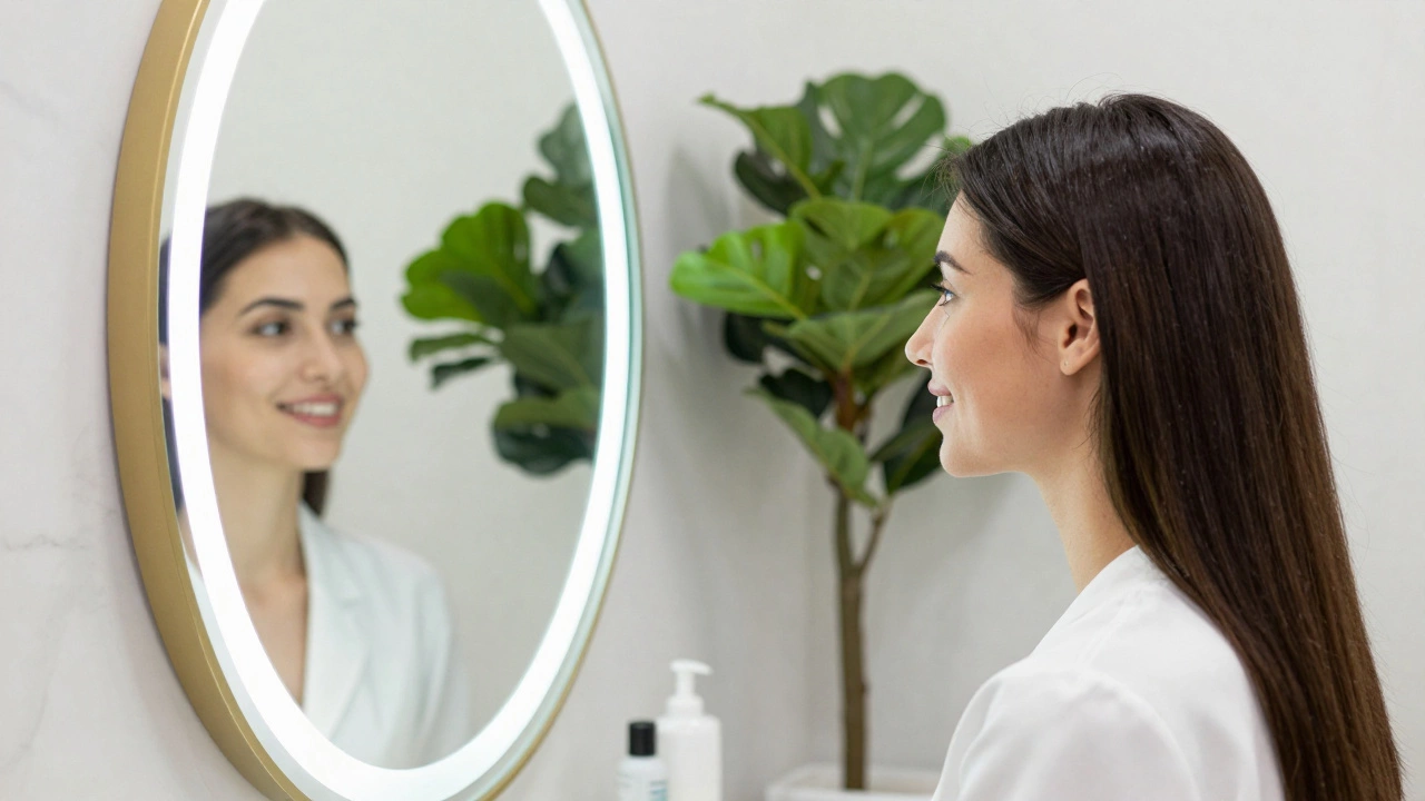 Уверенная женщина в современной клинике косметологии люкс-класса