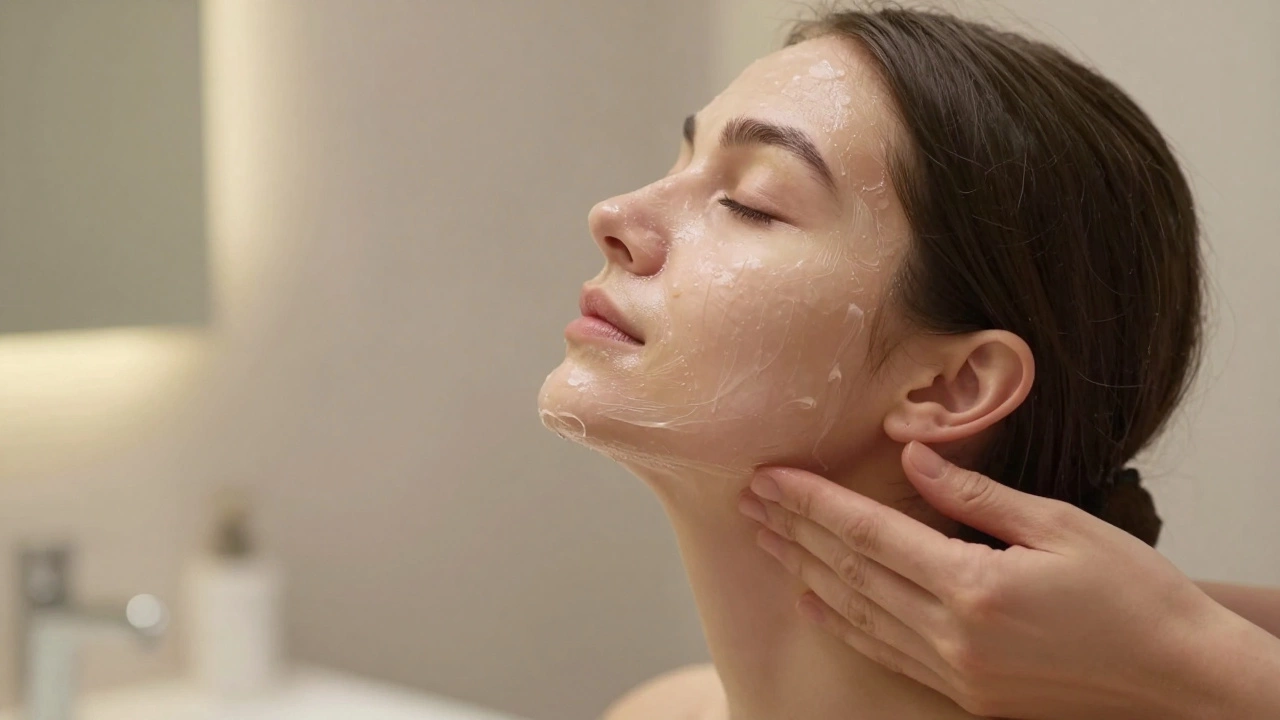 Женщина наносит омолаживающую маску на лицо и шею в расслабляющей обстановке