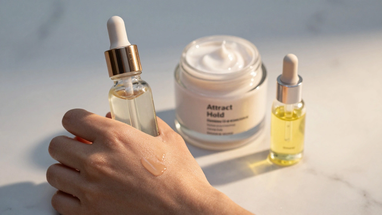 Сыворотка, крем и масло для ухода за кожей на мраморной поверхности