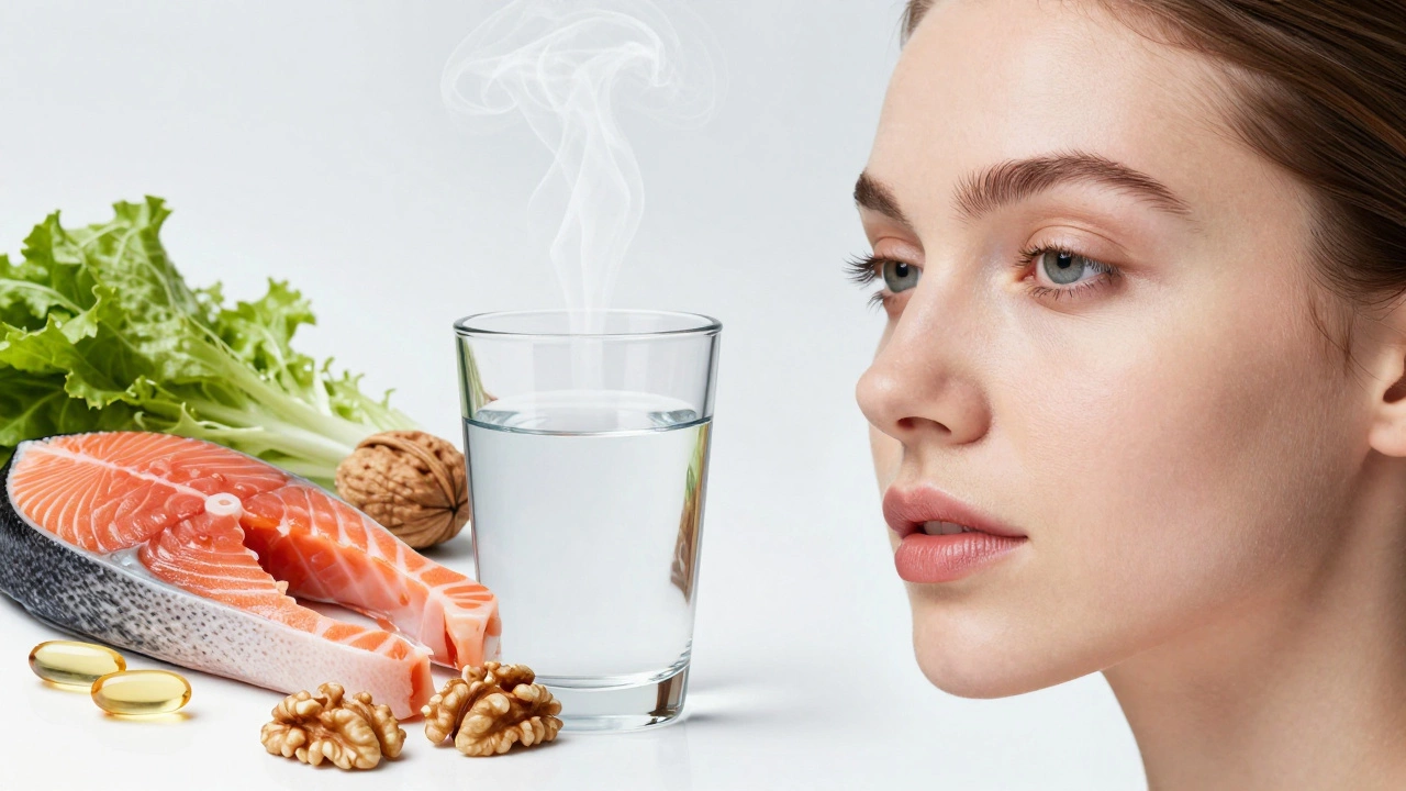 Здоровая кожа и продукты питания, иллюстрирующие внутреннюю гидратацию