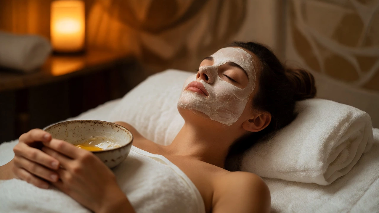 Женщина отдыхает с высохшей яичной маской на лице